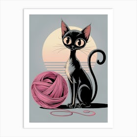 Black Cat With Pink Yarn Art Print