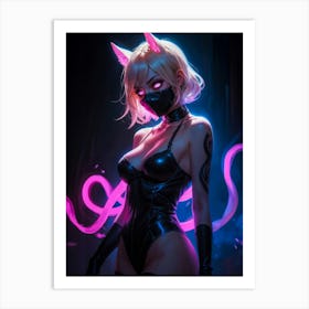 Sexy cat girl with neko charm, cat ears, and pink neon. Cute, erotic anime woman. Neon cosplay fantasy, a beautiful Japanese female body. Art Print