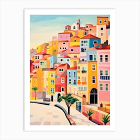 Colorful Houses On A Hillside. Gouache Landscape. Vintage Travel Art Print