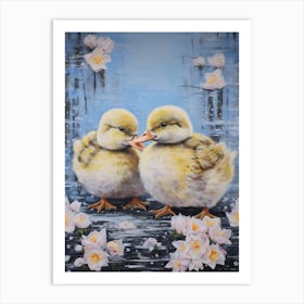 Snowy Winter Ducklings Floral Painting 3 Art Print