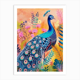 Folky Peacock In The Wildflowers Art Print