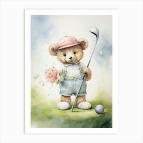 Golf Teddy Bear Painting Watercolour 2 Art Print