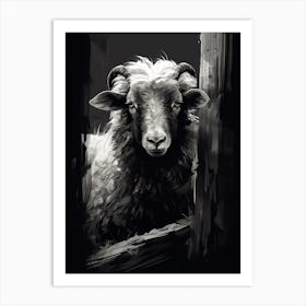 Black & White Illustration Of Highland Sheep In The Barn 1 Art Print