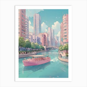 Pink Boat On The River Art Print