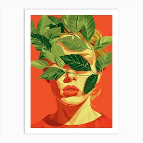 Leaves On A Woman'S Face Art Print