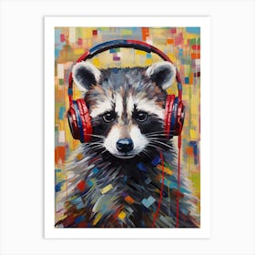 A Raccoon Wearing Headphones In The Style Of Jasper Johns 3 Art Print