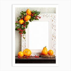 A Captivating Autumnal Scene Showcasing Ripe Oranges And Vibrant Pumpkins Resting On A Rustic Table (3) Art Print