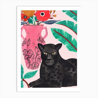 Black Jaguar And Pink Vase Art Print