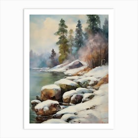 Ancient landscapes, old winter oil paintings and rocks around the lake bank. Snow is falling on the lake, old colors.7 1 Art Print