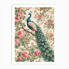 Cream Floral Vintage Peacock Wallpaper Inspired 4 Art Print