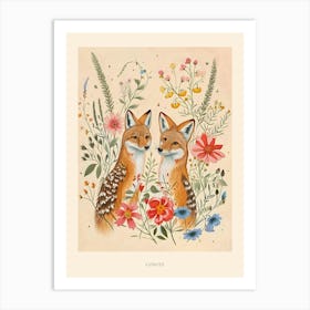 Folksy Floral Animal Drawing Coyote 3 Poster Art Print