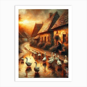 An Old Man With A Flock Of Geese In A Rustic Slavonian Village Art Print