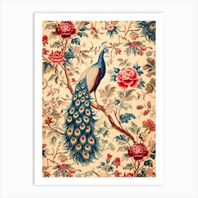 Vintage Peacock Wallpaper With Vibrant Flowers  3 Art Print