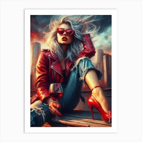 Girl With Leather Jacket And A Glass Of Wine Art Print