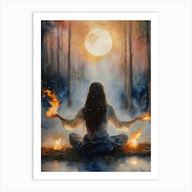 Fire and Ice ~ A Powerful Sorceress in the Forest Conjuring the Elements Witchy Art - Watercolor Witch Creating Magick Pagan Wicca Wheel of the Year Esbat Spell Night Empowering Healing Balancing Emotions HD Art Print