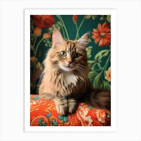 Realistic Photography Of Cat Resting On Floral Ottoman 1 Art Print