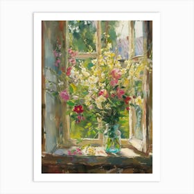 Seat Pea Flowers On A Cottage Window 2 Art Print