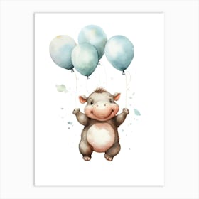 Baby Hippopotamus Flying With Ballons, Watercolour Nursery Art 3 Art Print