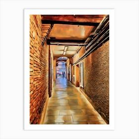 Illuminated Alleyway Gallery in Toulouse. This image depicts a narrow, illuminated alleyway with brick walls and a tiled floor in Toulouse France. The alleyway is covered by a wooden ceiling with exposed beams and fluorescent lights. At the end of the alley, a group of people can be seen standing in the distance, framed by an archway that opens to a brighter area outside Art Print