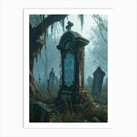 An Eerie Signboard Covered In Peeling Paint Sits Rusted At The Entrance Of An Abandoned Cemetery Shr (2) Art Print