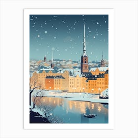 Winter Travel Night Illustration Stockholm Sweden 1 Art Print