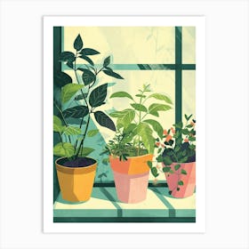 Sweet Illustrations Of Potted Herbs On The Windowsil 4 Art Print