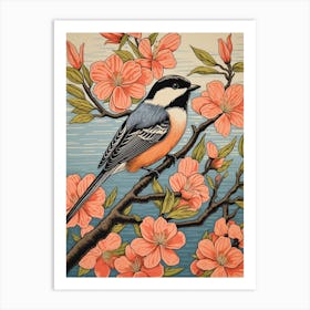 Vintage Bird Linocut Carolina Chickadee 1 Art Print
