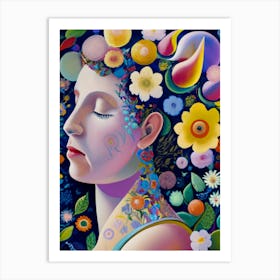 Woman With Flowers On Her Head Art Print