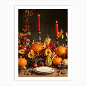 Autumn Harvest Table Centerpiece Overflowing With Gourds And Pumpkins Surrounded By Red And Gold C (3) Art Print