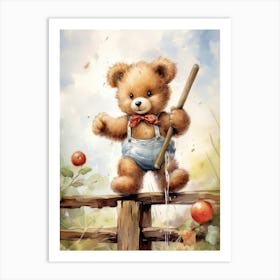 Fencing Teddy Bear Painting Watercolour 3 Art Print