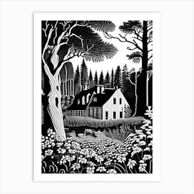 Rosendals Trädgård, 1, Sweden Linocut Black And White Vintage Art Print