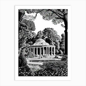 Villa Borghese Gardens, 1, Italy Linocut Black And White Vintage Art Print