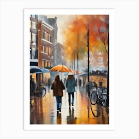 Amsterdam cafes, autumn season, rain, autumn oil colours.Faded colours,People passing on the street, winter clothes, rain umbrellas.2 4 Art Print