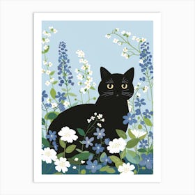 Black Cat In Blue Flowers 2 Art Print