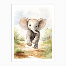 Elephant Painting Running Watercolour 1 Art Print