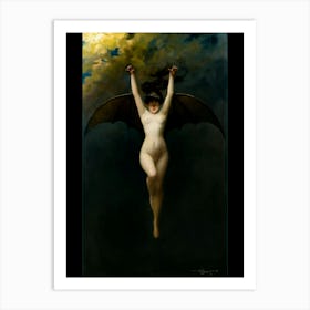 La Femme Chauve-Souris aka "The Bat Woman" 1890 by Albert Joseph Pénot French artist Albert Joseph Pénot's "La Femme Chauve-Souris" (The Bat Woman, c.1890) is a famous and mesmerizing oil painting that captures the allure of mystery and the macabre. Featuring a nude woman with bat-like wings against a brooding, cloudy sky, this exquisite artwork epitomizes Pénot’s fascination with enigmatic femininity and haunting beauty. It falls primarily under the Symbolism and Gothic genres of art but also shares elements with Surrealism due to its dreamlike, otherworldly atmosphere. Exhibited at the Salon des Artistes Français in 1912 and highlighted in Patrick Bade’s Femme Fatale: Images of Evil and Fascinating Women, it was auctioned by Sotheby’s in 2018 and the original now remains in a private collection. This print is signed bottom right. Art Print