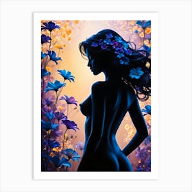 Silhouette of Naked Woman with Floral Frames #2 Art Print