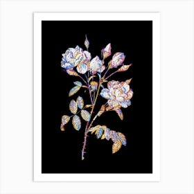 Stained Glass Vintage White Rose Mosaic Botanical Illustration on Black n.0206 Art Print