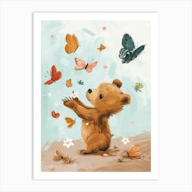 Brown Bear Cub Playing With Butterflies Storybook Illustration 3 Art Print