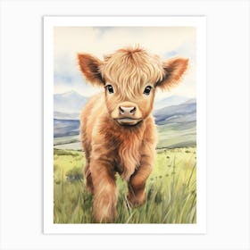 Cute Watercolour Portrait Of Highland Cow Calf 1 Art Print