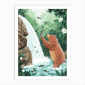 Sloth Bear Catching Fish In A Waterfall Storybook Illustration 4 Art Print