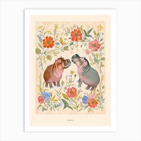 Folksy Floral Animal Drawing Hippo 2 Poster Art Print