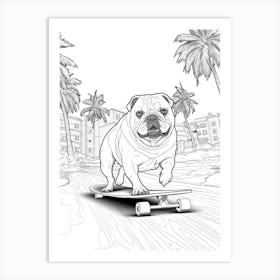 English Bulldog Dog Skateboarding Line Art 2 Art Print