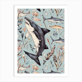 Pastel Blue Dogfish Shark Watercolour Seascape Pattern 3 Art Print