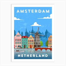 Amsterdam, Netherlands/Holland — Retro travel minimalist poster, retro travel art Art Print
