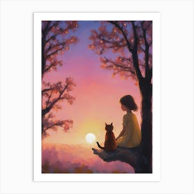 It's Just You and Me - Little Girl and Orange Cat Sat in a Tree Watching the Sunset Art Print