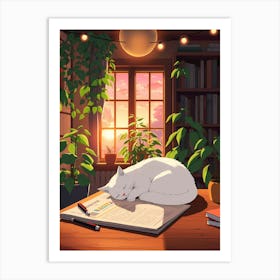 White Cat Sleeping On A Desk Art Print