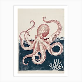 Red & Navy Octopus Linocut Inspired In The Ocean 1 Art Print