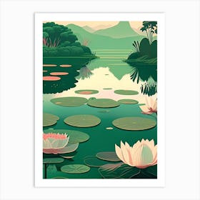 Water Lily Pond Landscapes Waterscape Retro Illustration 2 Art Print