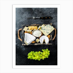 Cheese platter with brie, camembert, roquefort, parmesan, blue cream cheese, grape and nuts — Food kitchen poster/blackboard, photo art Art Print